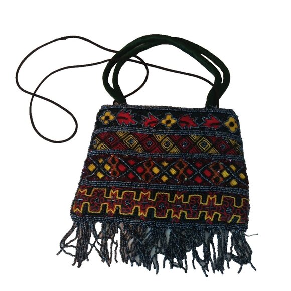 Vintage Beaded Clutch Bag Purse Handbag Black Red Yellow Beaded Fringe - Picture 2 of 6